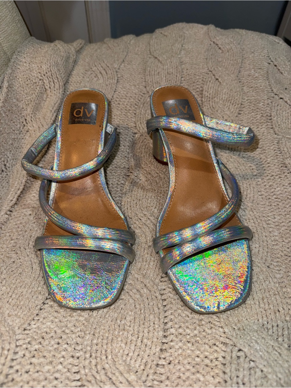 DV by Dolce Vita Iridescent Holographic Strappy Block Heel Sandals